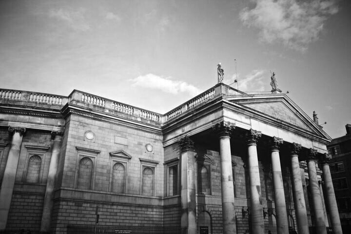 The colonnaded facade of an exchange building